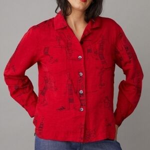 Chico's Design Silk and Linen Blend African Print Button Down